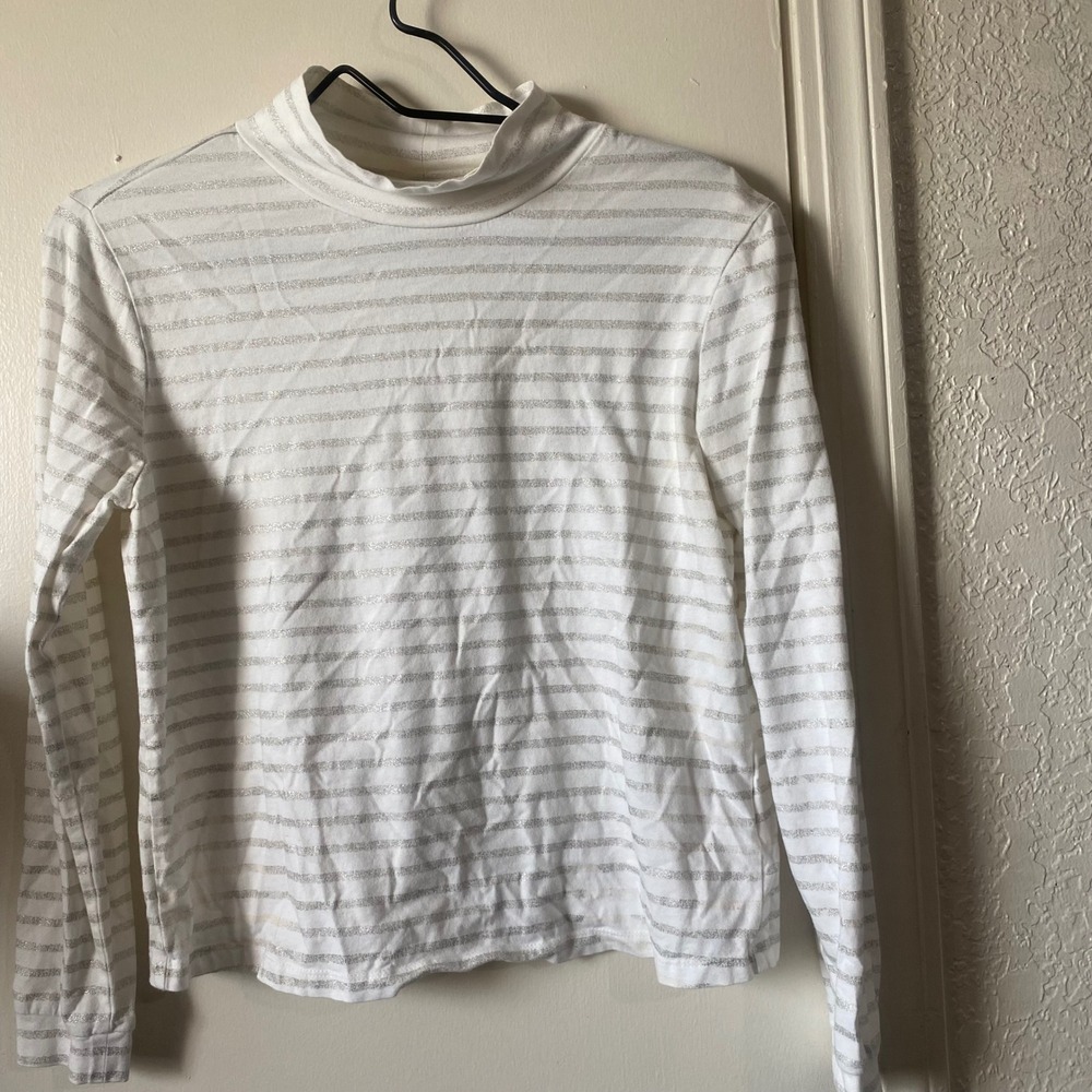 Maeve White Metallic Striped Mock Neck Long Sleeve Top‎